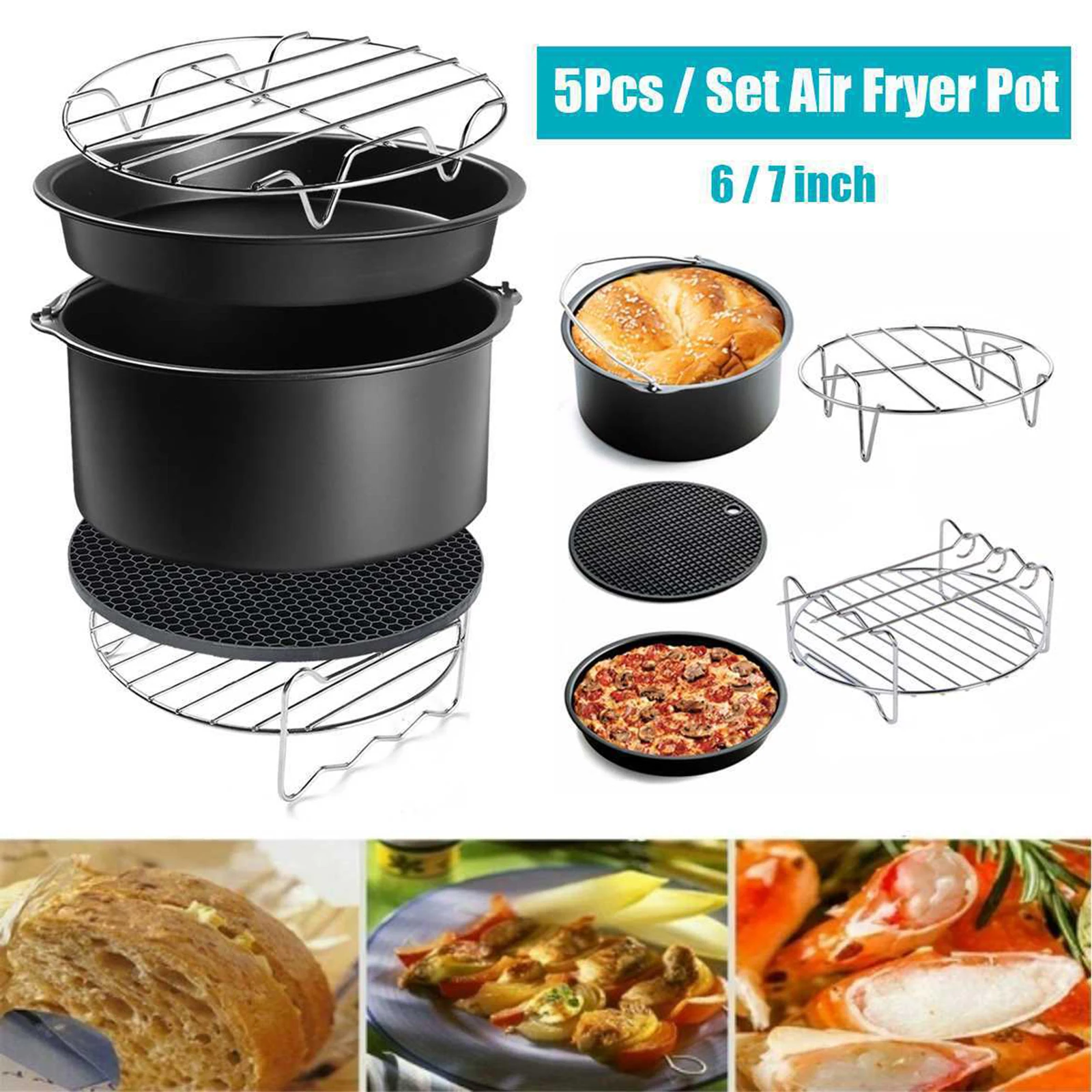 6in Air Fryer Accessories Set with Cake Tin Baking Pizza Tray Baking Grill Rack Insulation Pads for Air Fryer Baking 5pcs 