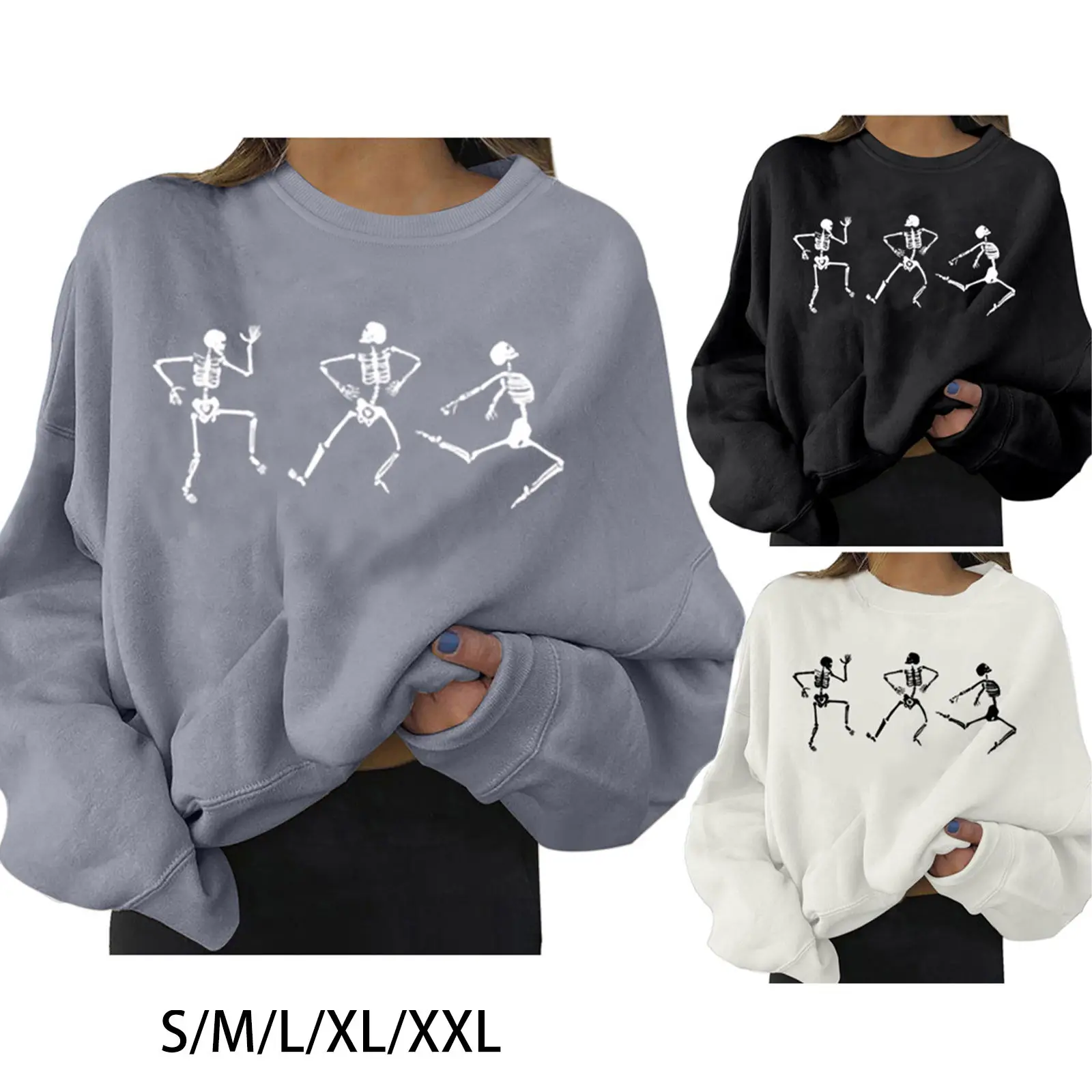 Long Sleeve Crewneck Sweater Round Neck Lightweight Women Hedging Printed Sweatshirt Skull Casual for Halloween Winter