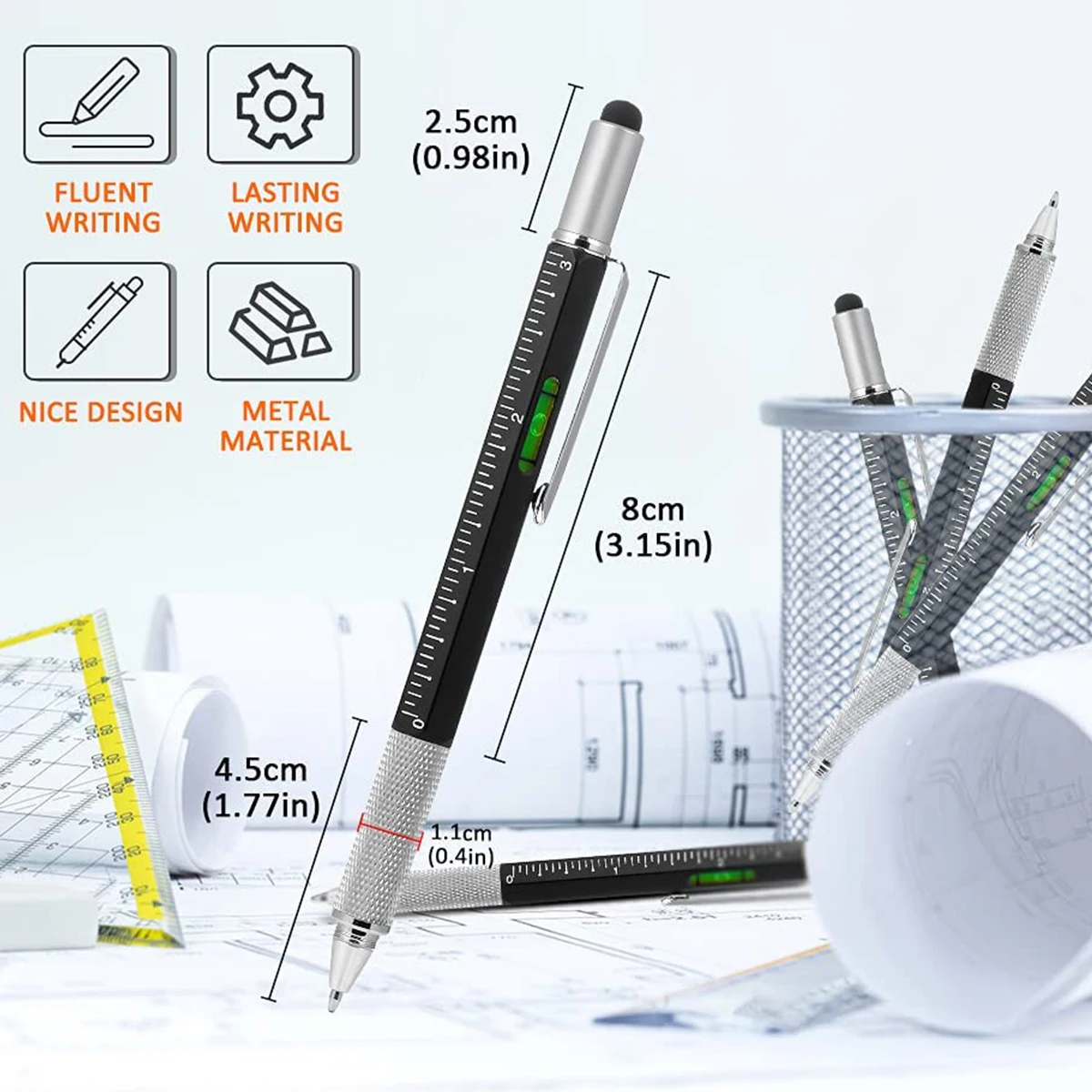 Multi Tool Pen Black 6-in-1 Screwdriver Ruler Travel Office Desk Executive Gift 
