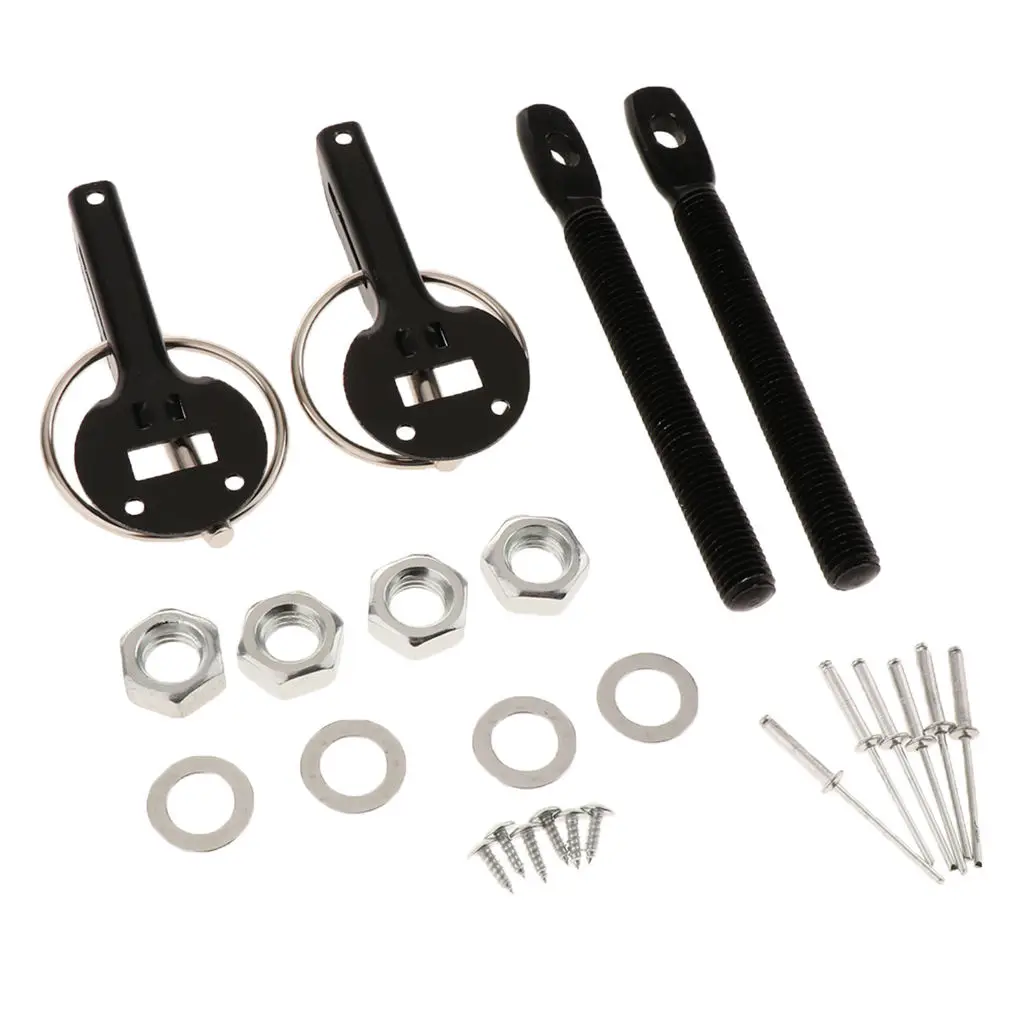 Aluminum Sport Alloy Mount Bonnet Racing Hood Pin Lock Latch Kit Set For Auto Car (Black)