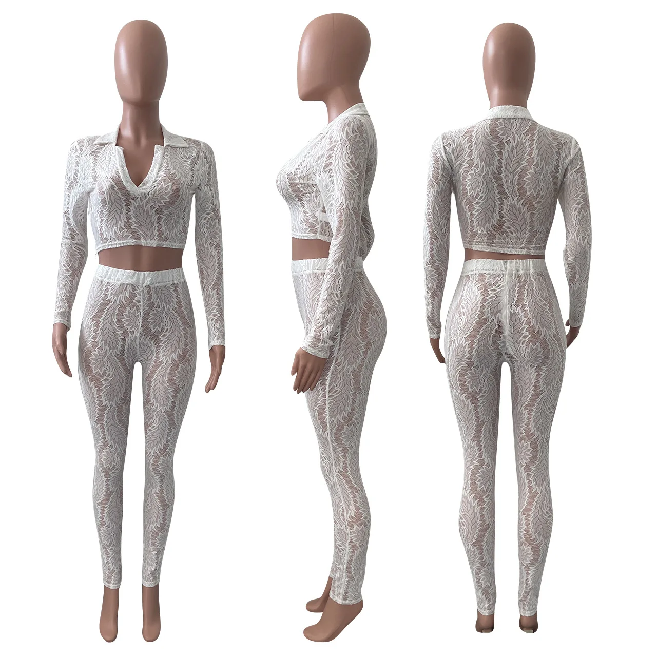ANJAMANOR Lace Sexy Two Piece Set Long Sleeve Crop Top and Pants Black White See Through Bodycon Outfits Clubwear 2021 D27-DA32 track suit set