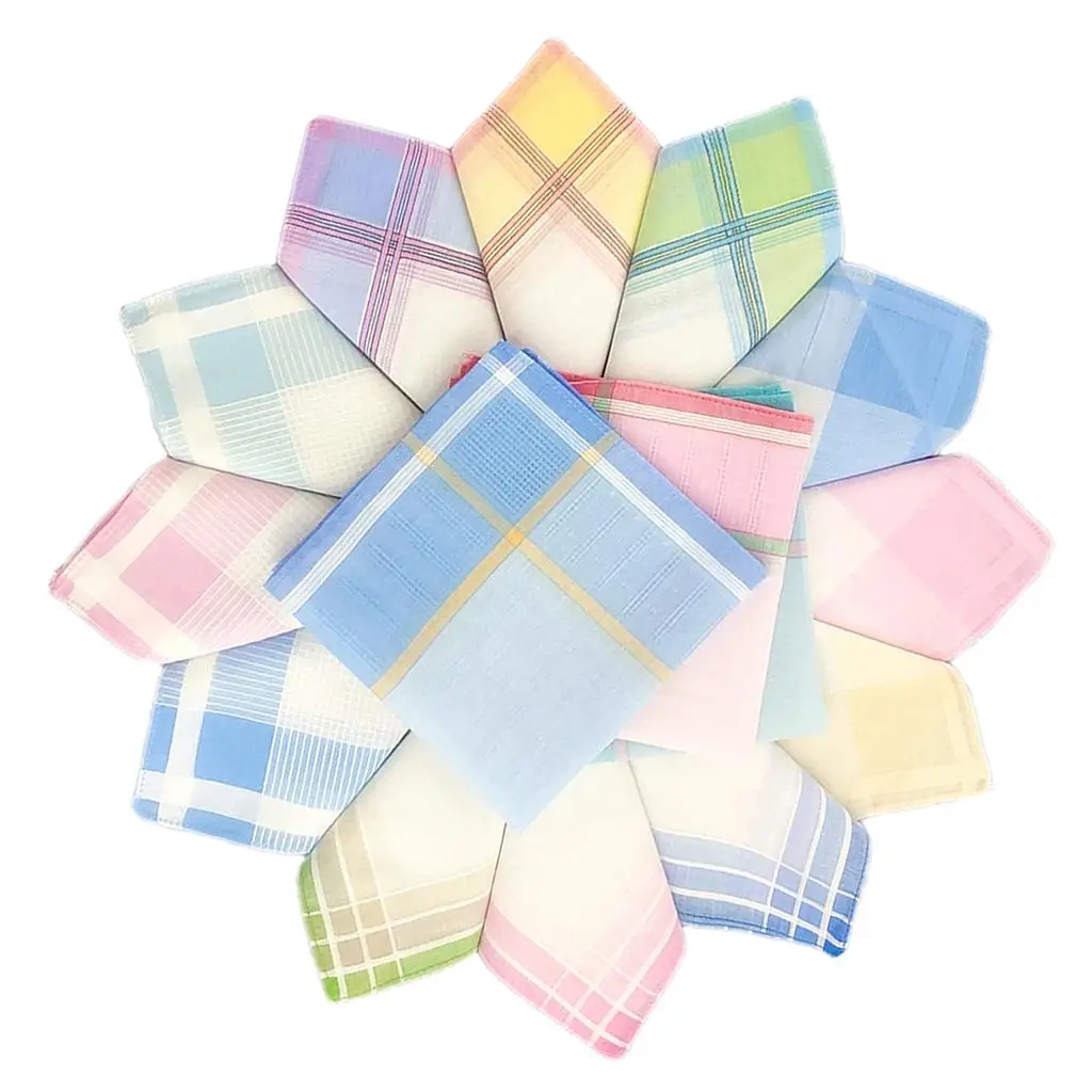 12x Pure Cotton Plaid Handkerchiefs Washable  Hanky Party Hankie Towel Lot