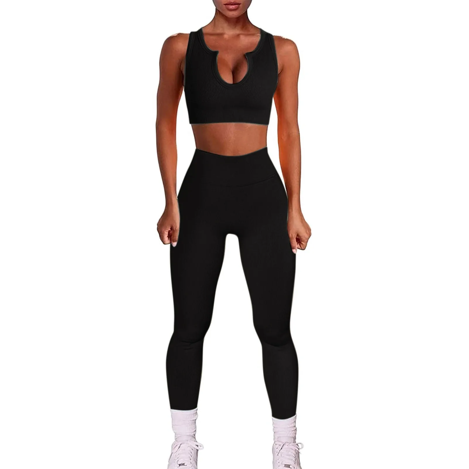 spanx pants Two Piece Set Women Sexy Workout Sets Seamless Ribbed Tank Crop Top High Waist Pants Suit Trousers Outfits Pants Sets 2021 leggings with pockets