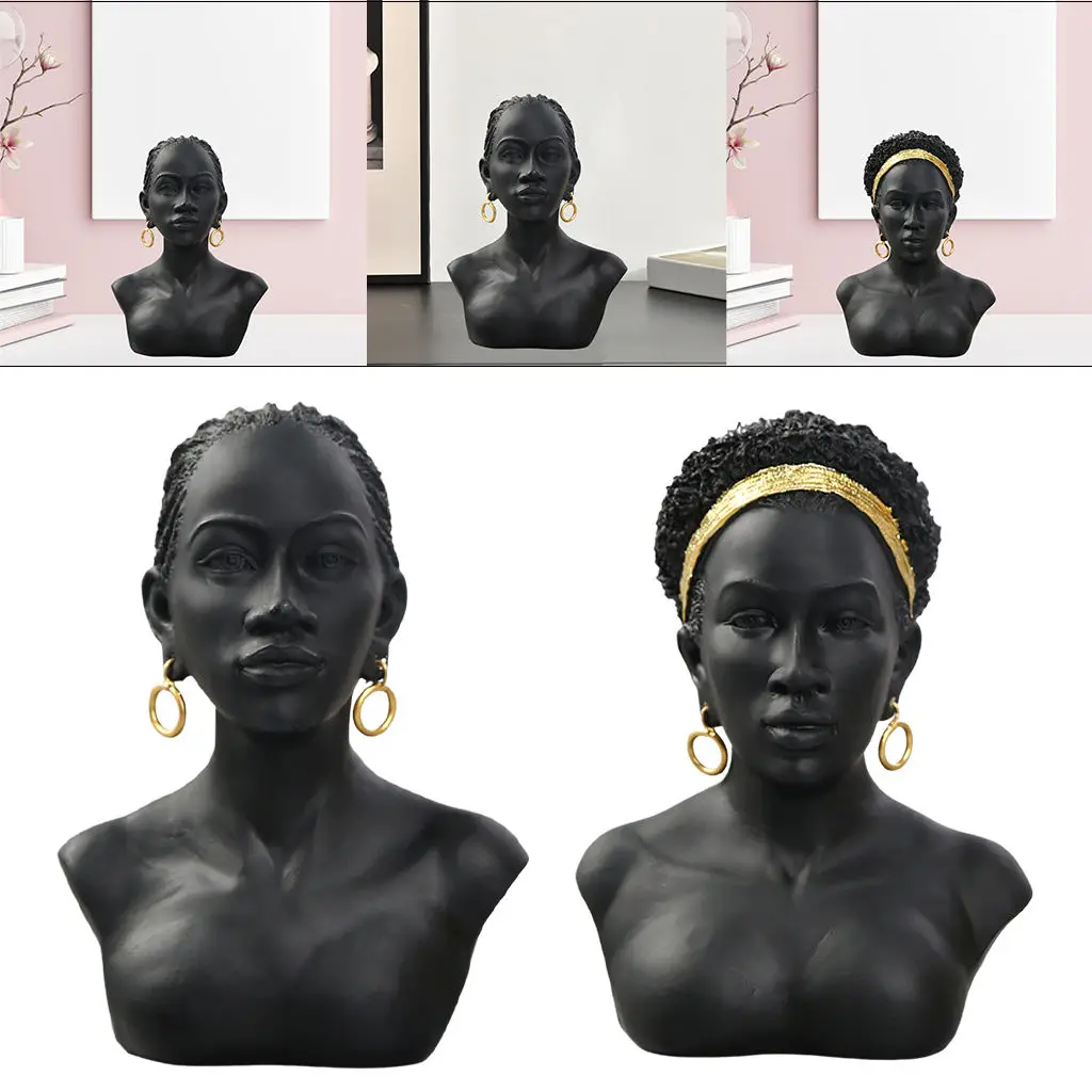 2pcs African Woman Bust Art Sculpture Statue Home Decor Black Afro Hair