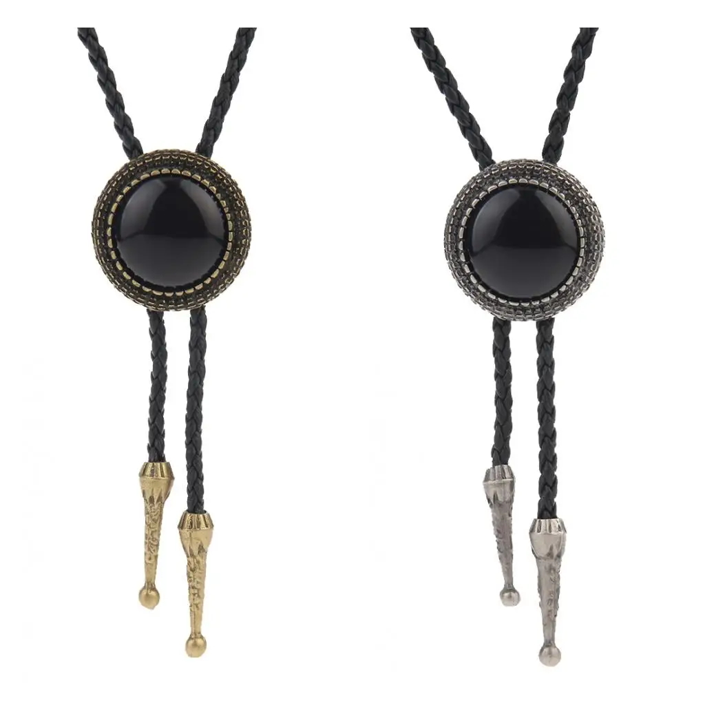 Black Acrylic Gem Stone Pendant Bolo Tie Western Bola Tie Necktie for Men