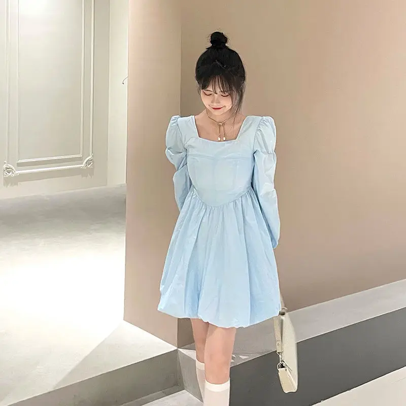 Long Sleeve Dresses Women A-line Casual Square Collar Autumn Empire Harajuku Solid Breathable Aesthetic Classy Mujer Vestido Ins long sleeve dress