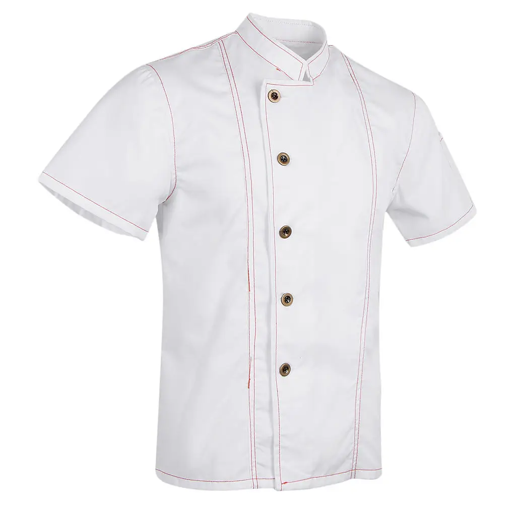 Unisex Topstitched Chef Jacket Coat Single Breasted Short Sleeves Shirt Kitchen Uniform with Mandarin Collar Lfte Pocket