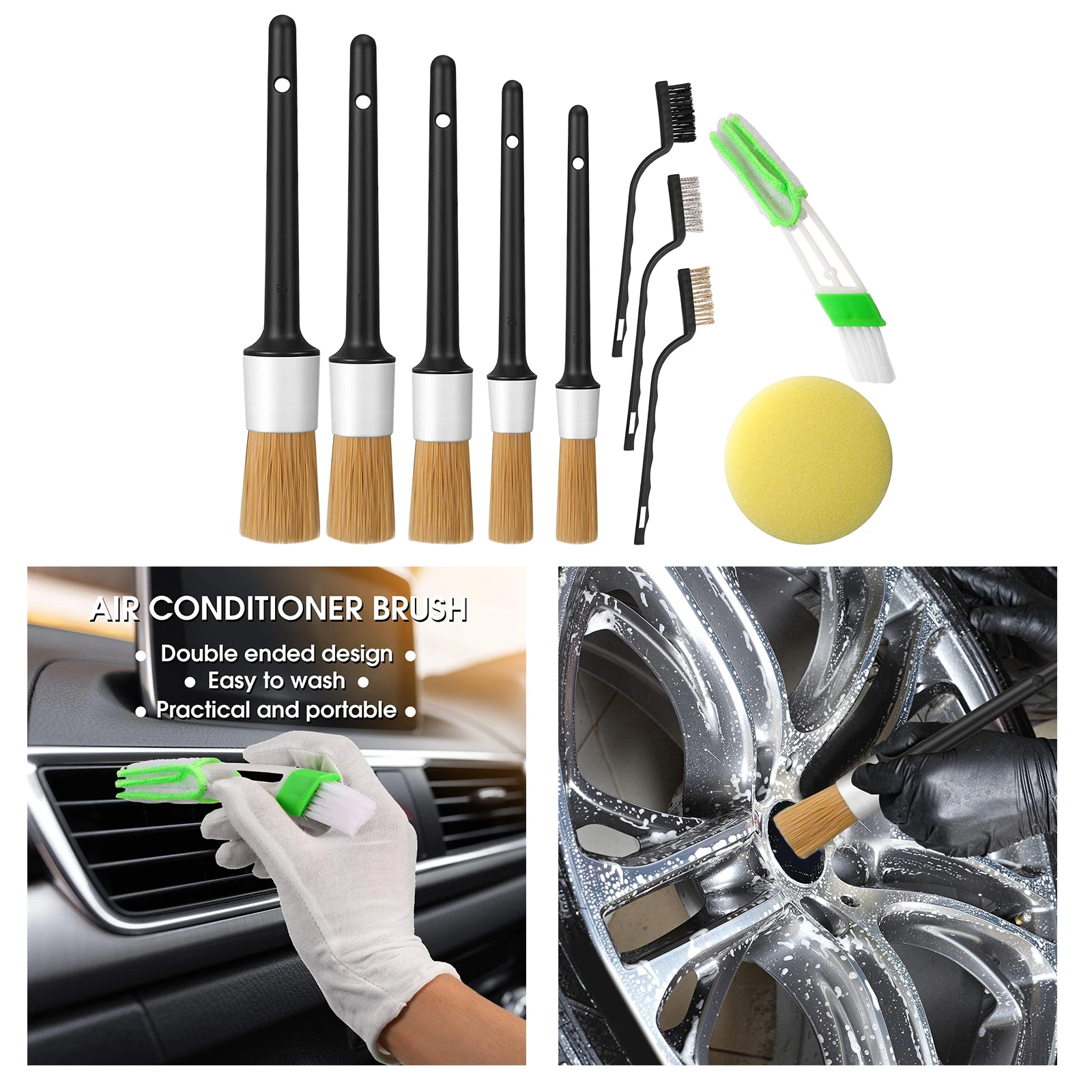 10pcs Car Detailing Brush Kits Wheel Engine Clean Brush Set Waxing Sponge