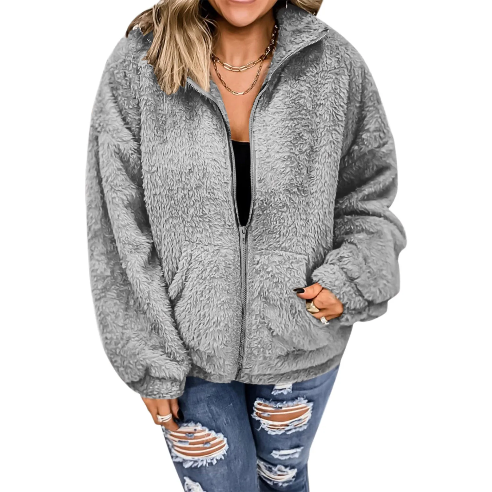 ModaParis Womens Fuzzy Hoodies Zipper Coat Casual Loose Pullover Fleece Outerwear Warm Sweatshirt with Pocket 