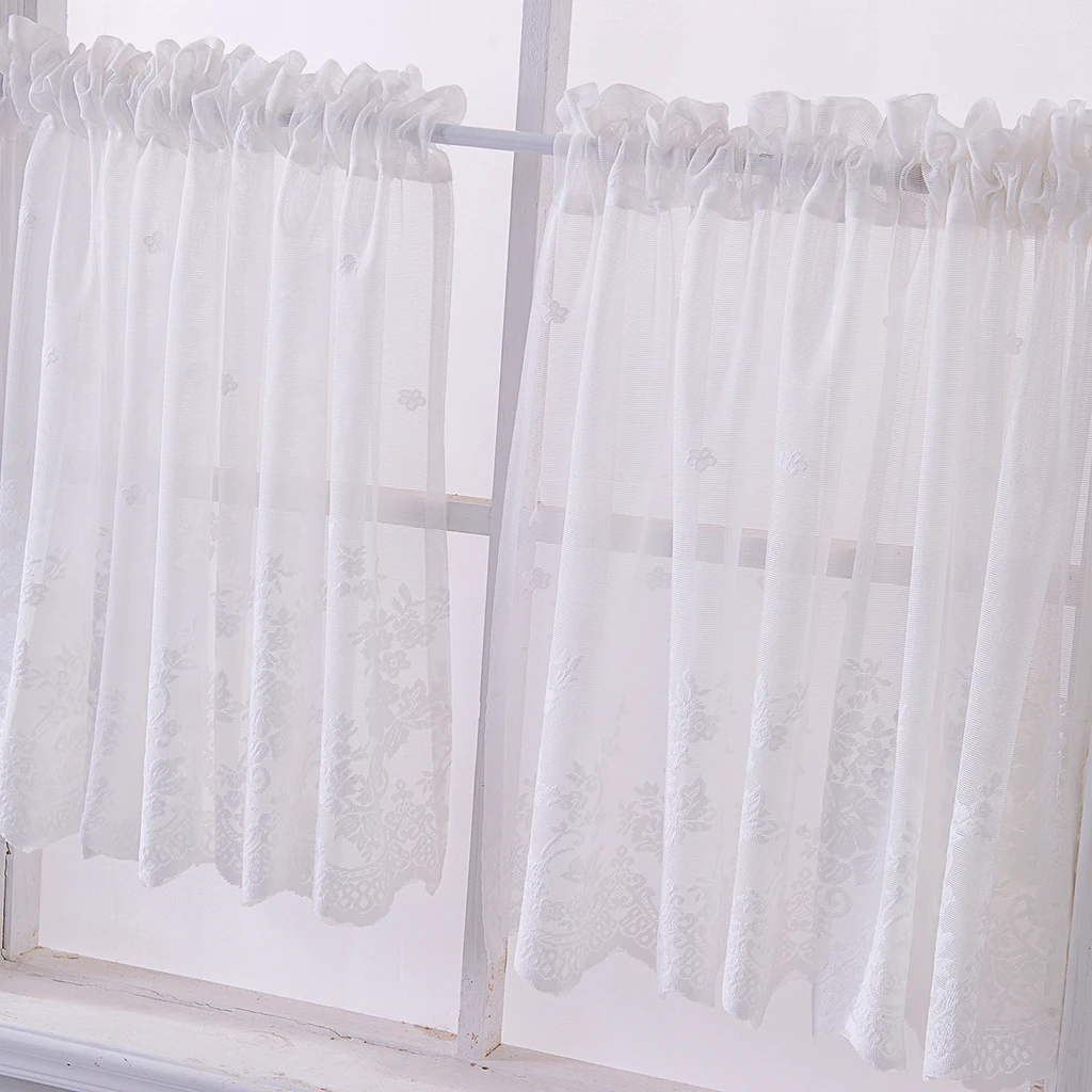 1 Panel Floral Embroidered Short Curtain Window Tiers Sheer Voile for Cafe