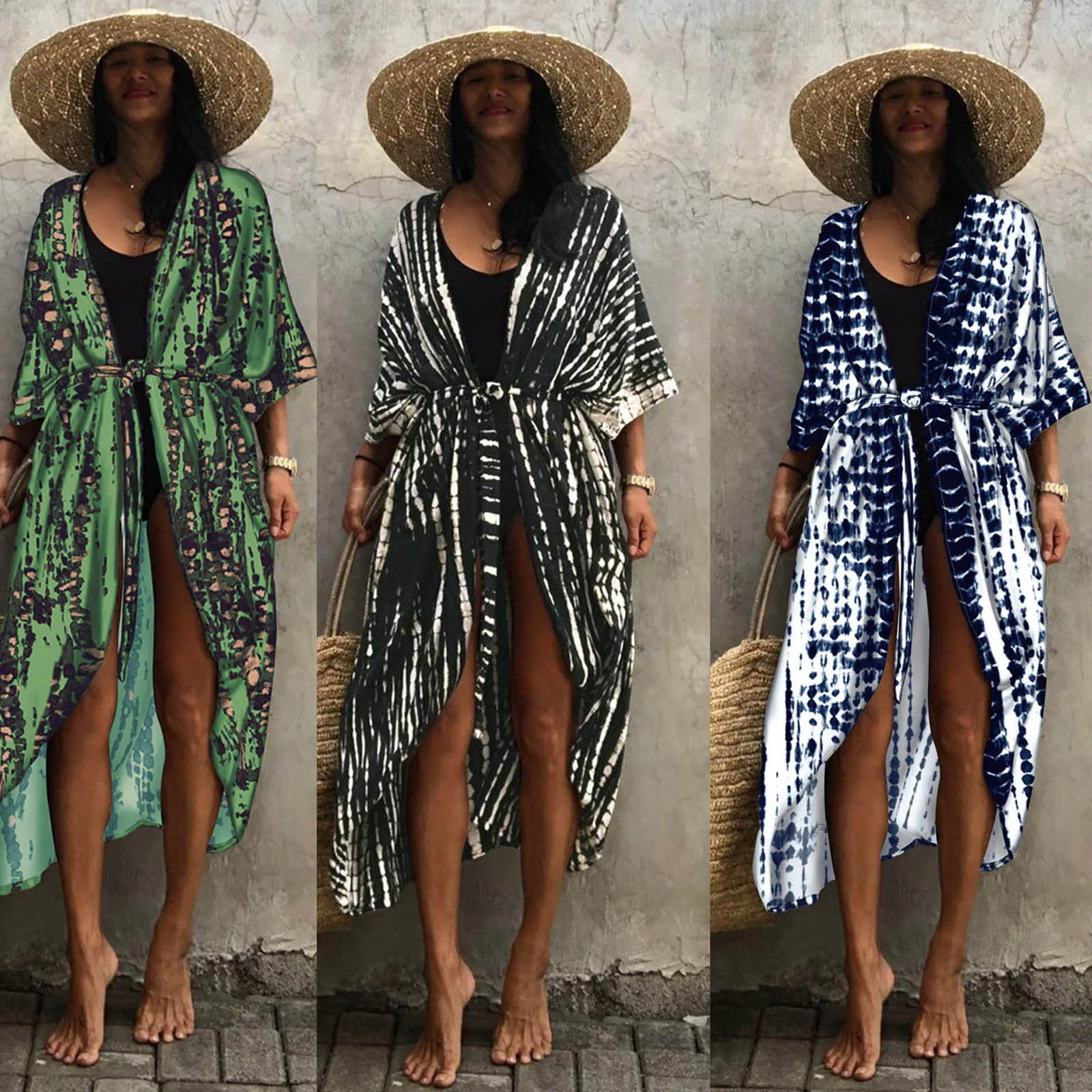 Bikini Cover-ups Black Retro Striped Print Self Belted Women Summer Kimono Dress Beach Wear Swim Suit Cover Up Boho Tunic Tops long beach dresses