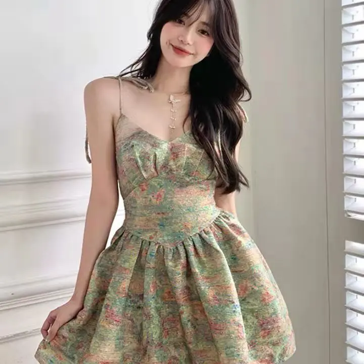 Dress Women Vintage Tender Sweet Painting Summer A-line All-match Backless Sexy Holiday Mini Vestido Feminino Casual Breathable mini dress