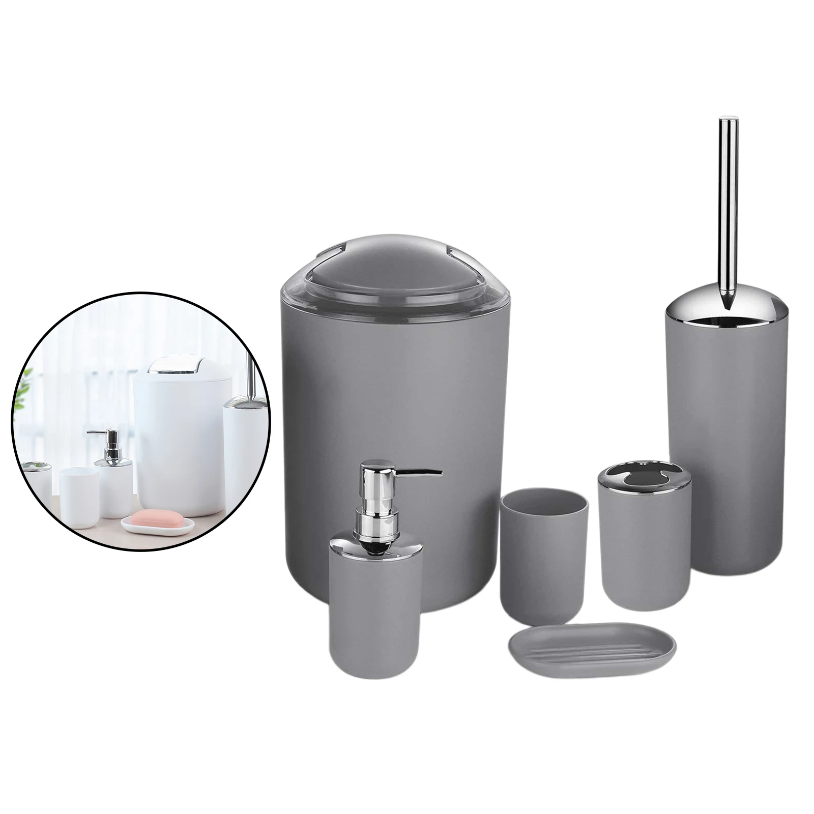 Bathroom Accessories Set,6 Pcs Gift Set Toothbrush Holder,Toothbrush Cup,Soap Dispenser,Soap Dish,Toilet Brush Holder,Trash Can