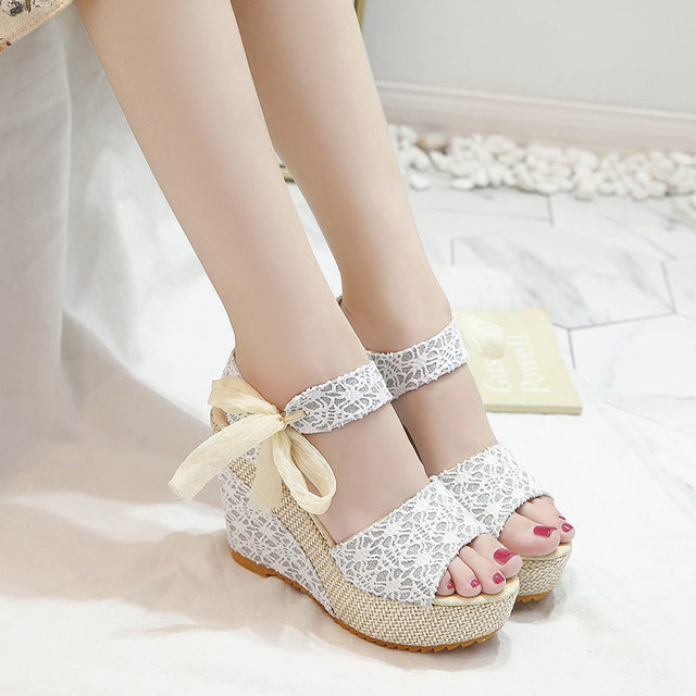 Women's Ladies Platform Wedges Heel Sandals Floral Flower Lace