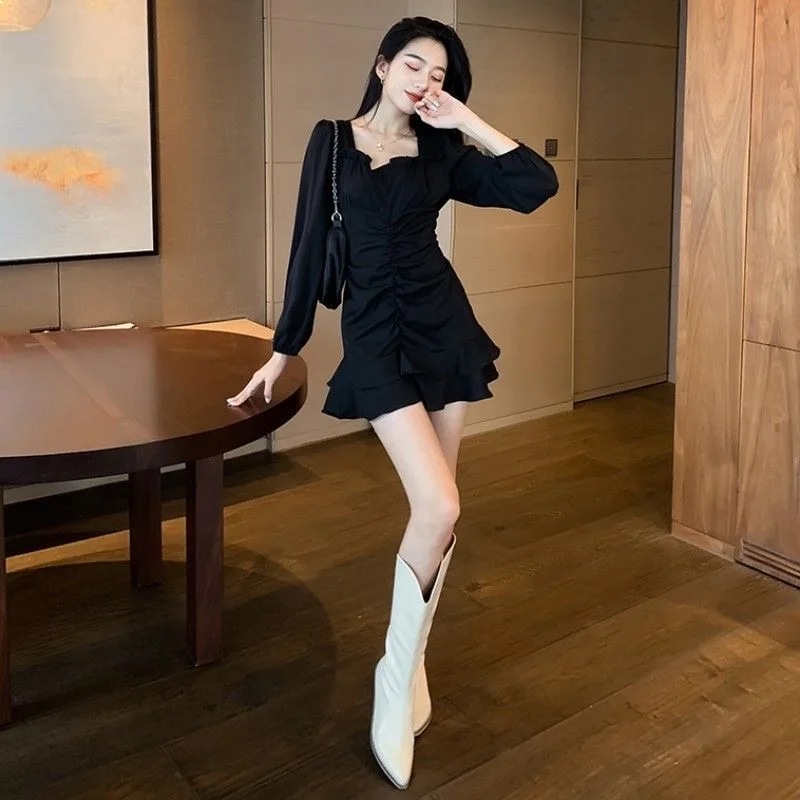 Pleated Long Sleeve Dresses Women Black Mini Length Square Collar Vintage Chic High Waist Girls Retro Vestidos Korean Mujer New monsoon dresses