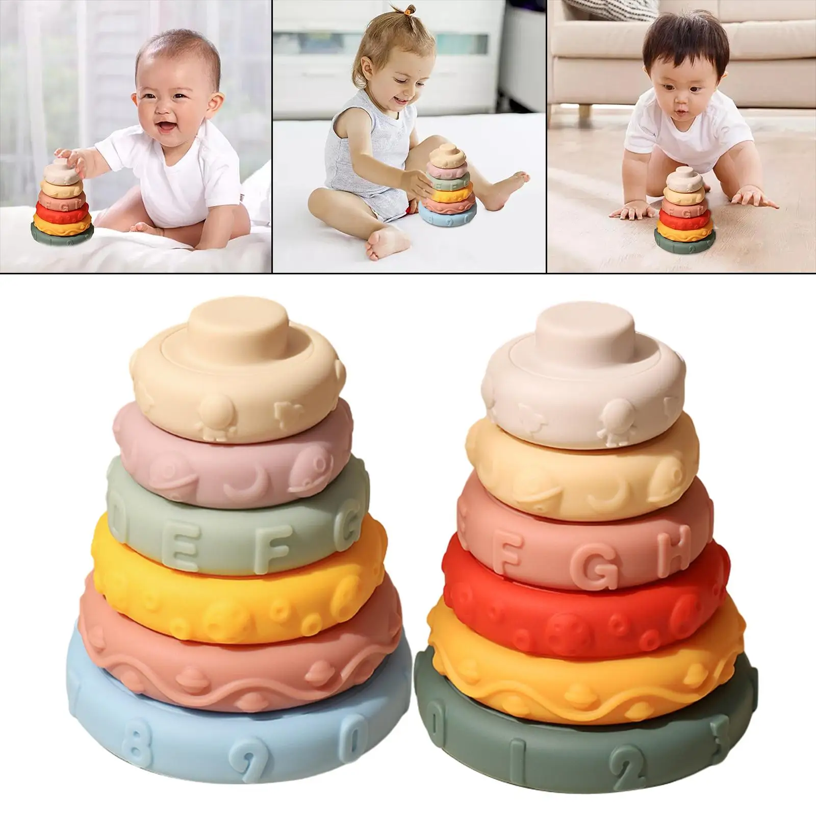 Silica Gel Stacking Rings Stacker Teether Hand-Eye Coordination Colorful Balancing Soft Sensory Toys for Toddler Boys Girls Kids
