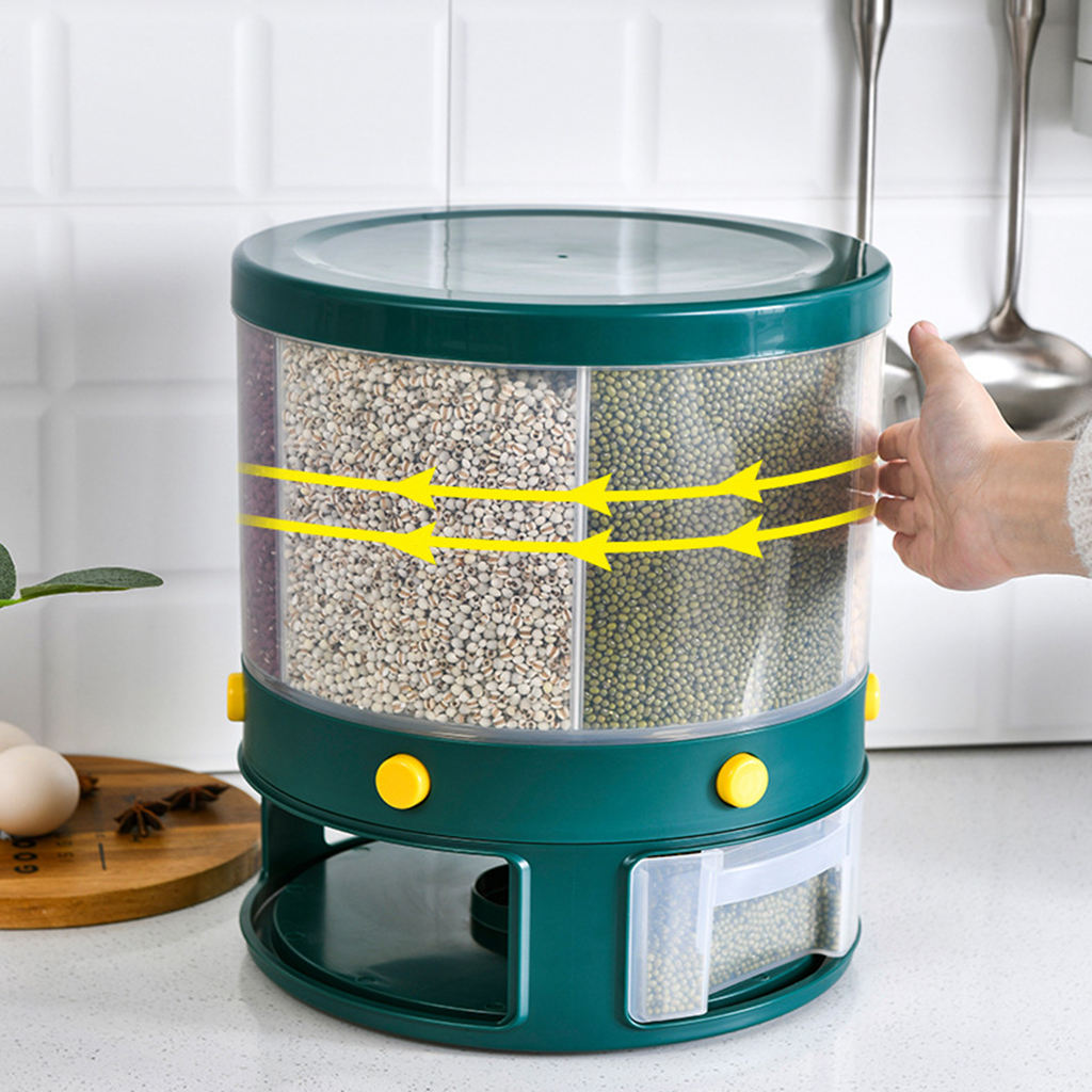 Kitchen Rice Dispenser Dry Grain Storage Container Box Case 6-Grid Rotating