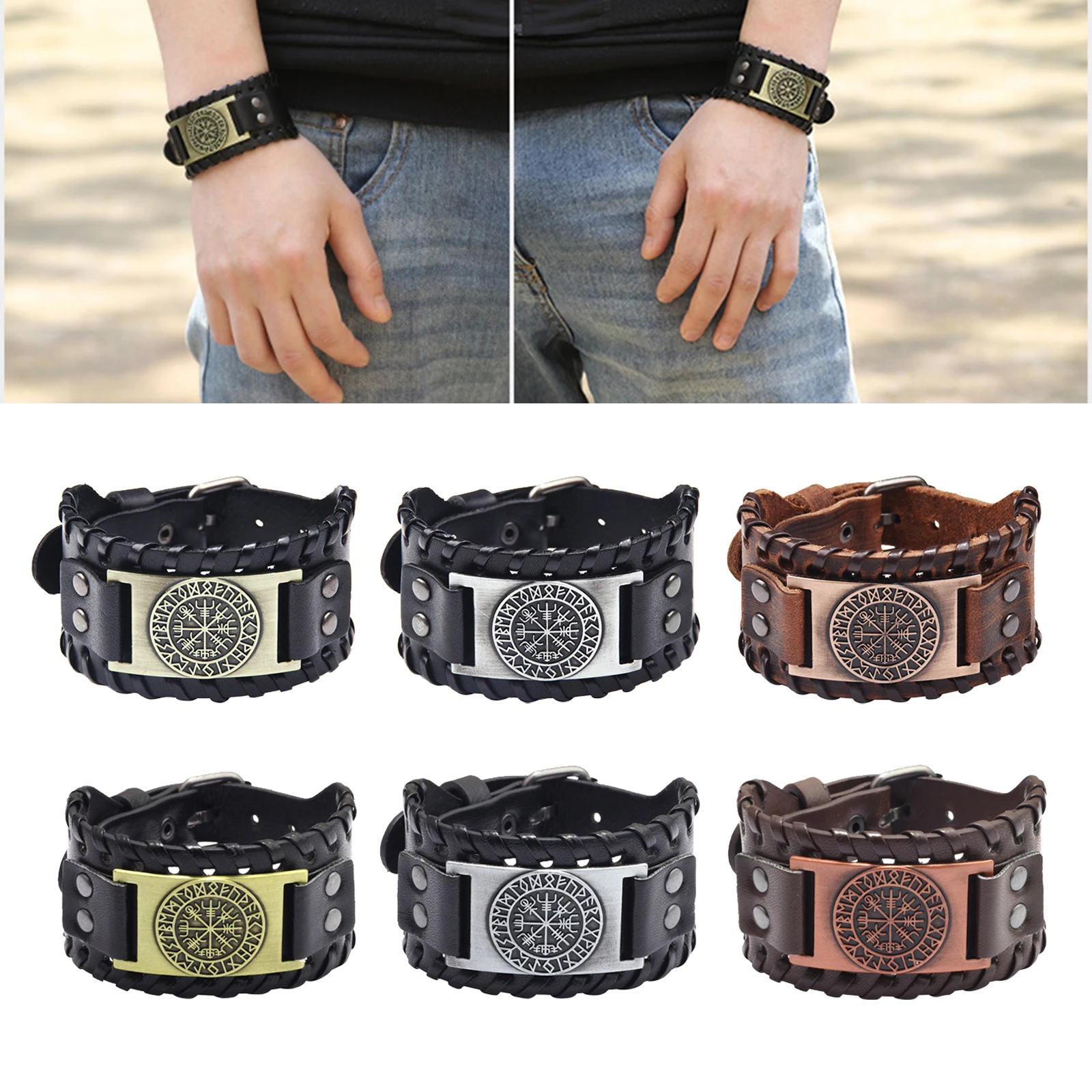 Viking Braided Rope Alloy Mens Bracelet Leather Wide Cuff Bangle Wristband