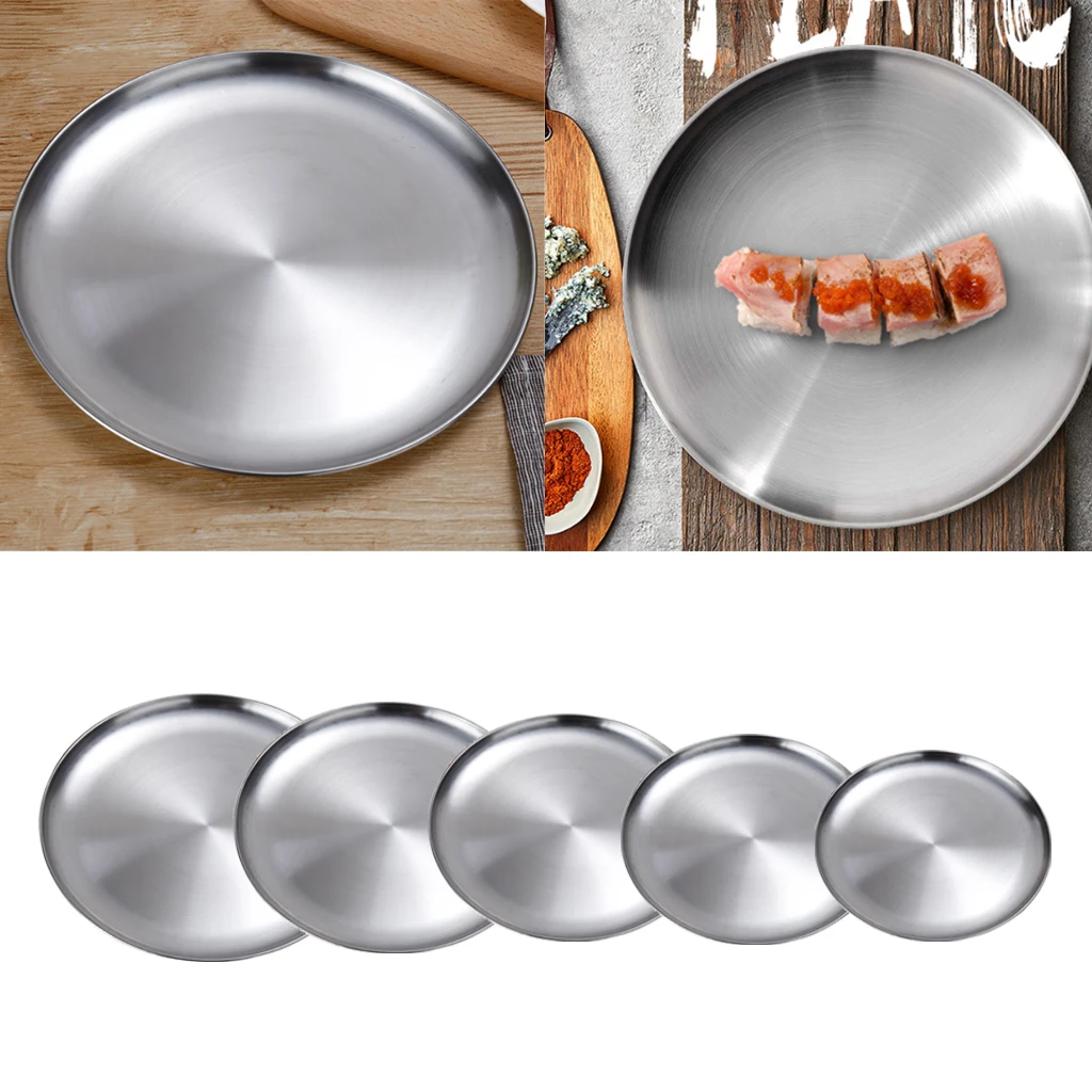 Stainless Steel Flat Dish plate Double Insulated Thick Platter for BBQ No Corners Durable Drop-Resistant