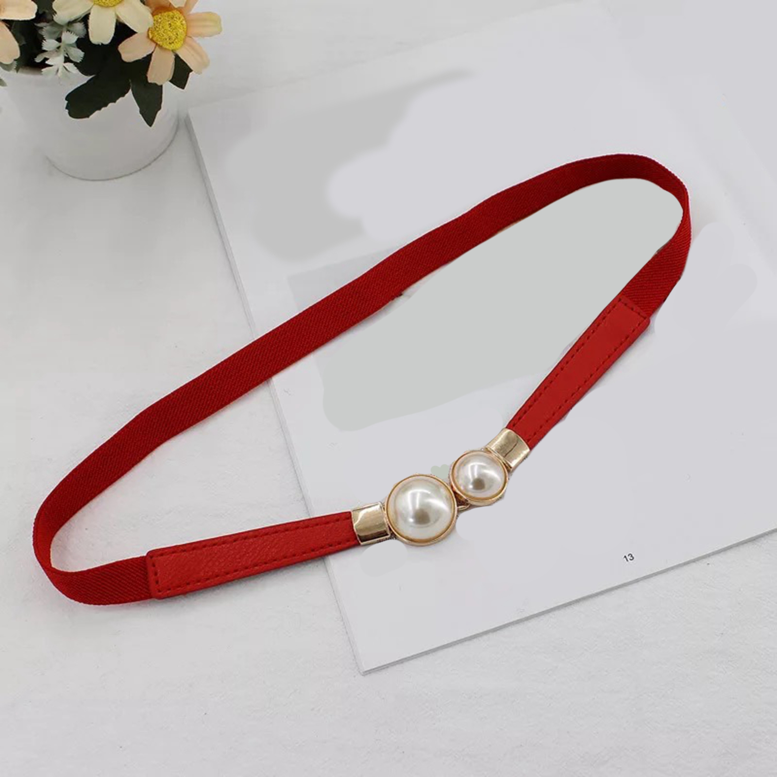 Women Double Pearl Belt PU Leather Dress Skirt Waist Elastic Thin Belts Ladies Waistband
