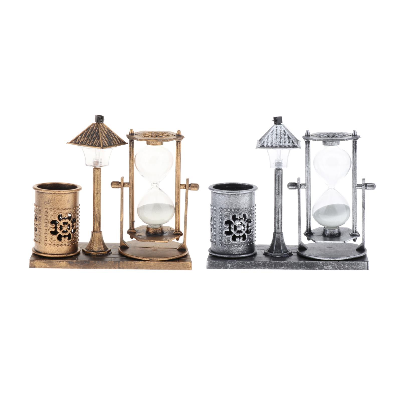 Retro Street Lamp Hourglass Crafts Sand Glass Clock Pen Holder Table Decor
