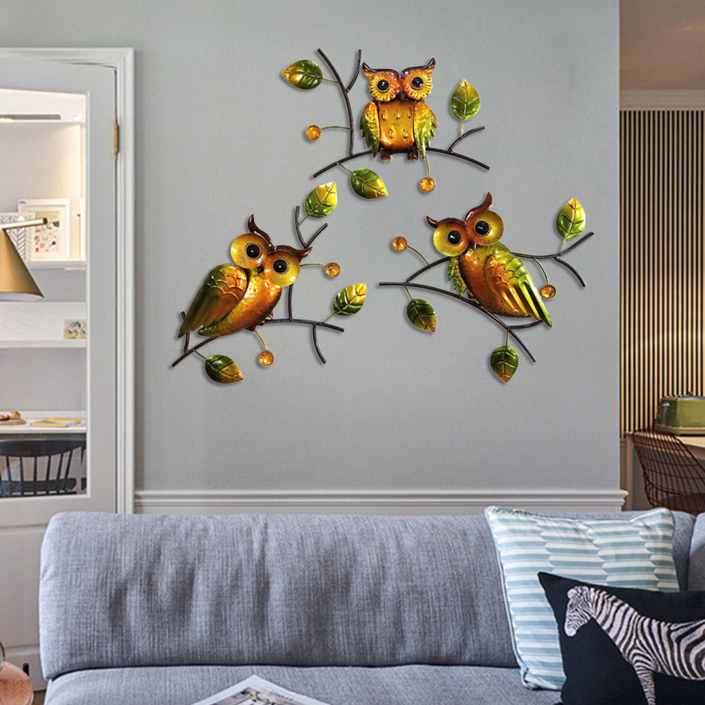 3pcs Wall Hanging Metal Owl Sculpture Wall Art Decor, Nursery Kid's Room Bas
