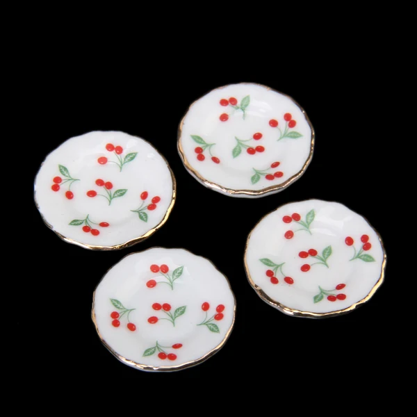 15Pcs 1/12 Scale Dollhouse Miniature Red Cherry Dining Ware Porcelain Tea Set Dish Cup Plate Kids Pretend Play Toys