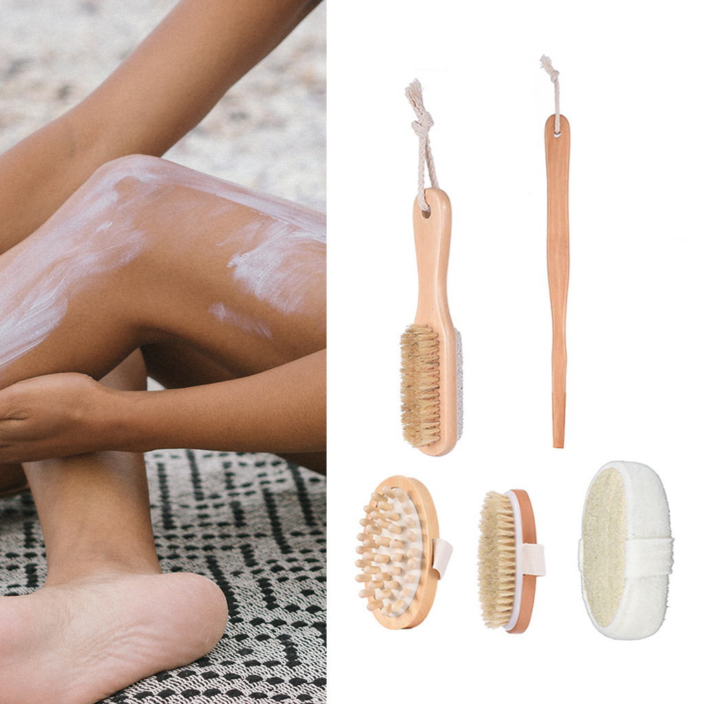 Bristle Bath Brush Set Exfoliating Promote Blood Circulation Massage Brush Wooden Body Dry Brush