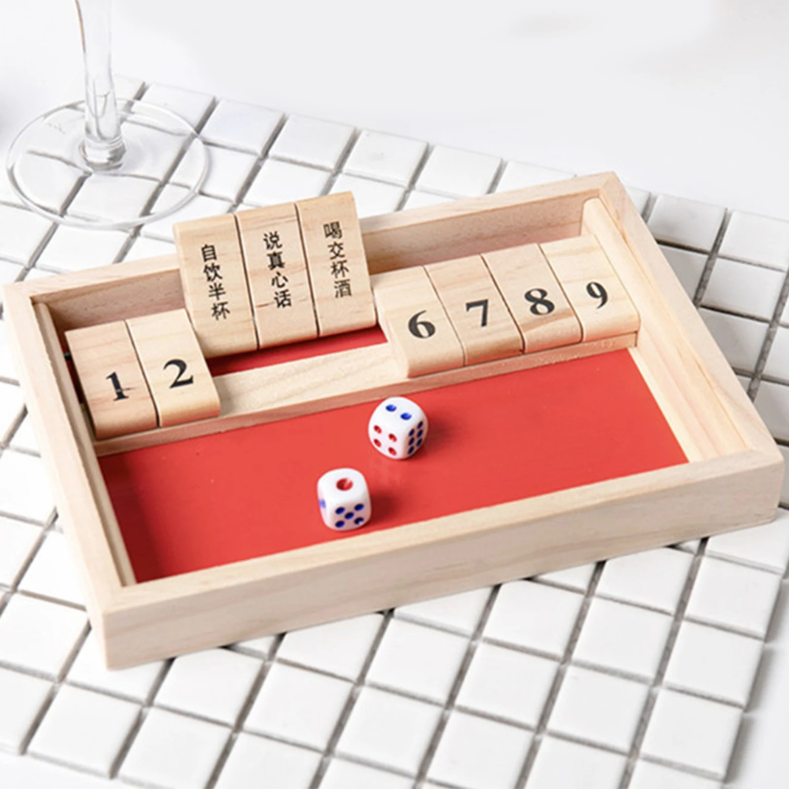 Traditional Four Sided Wooden 9 Number & 2 Dice Set Pub Bar Board Dice Game For Shut the Box Family Travel Fun Game