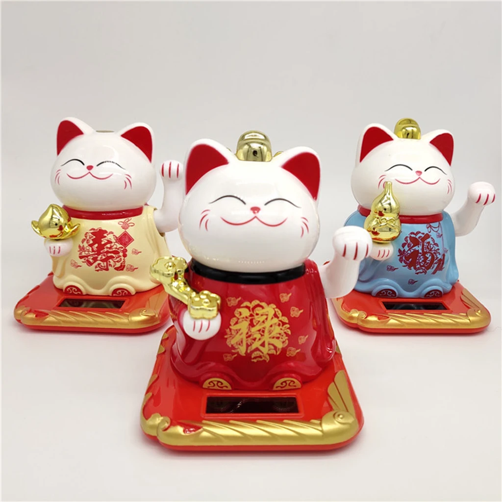 Solar Powered Lucky Cat Waving Arm Fortune Cat Home Office Decor