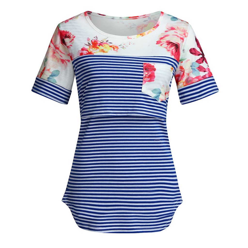 Camisa da Maternidade para Mulheres Roupas de Verão Camisas de Amamentação Roupas de Gravidez Outono Manga Curta Listra Enfermagem Superior Mais Tamanho 23 Mamãe e Bebê