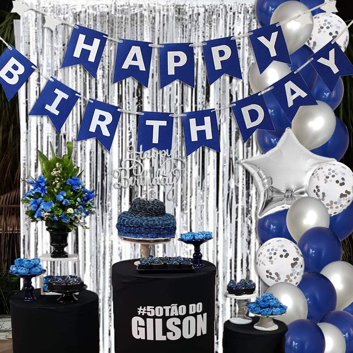 Decorations D Anniversaire Ballons Bleu Marine Et Argent Pour Hommes Et Garcons Avec Banniere Joyeux Anniversaire Garniture De Gateau Rideau De Guirlandes Aliexpress