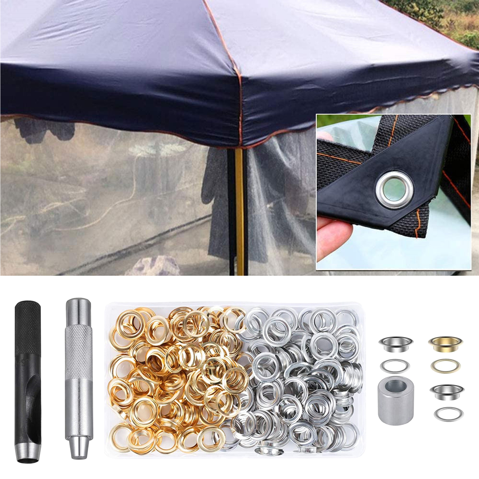 120 sets Grommet Eyelets with Washer, 3 Grommet Setting Tool Storage Box for Tarpaulin Fabric Craft Making Leather Crafting