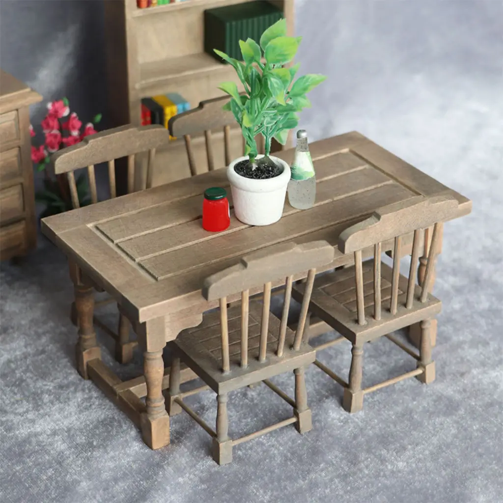 5pcs/set Dining Table Chair Model Set 1:12 Dollhouse Miniature Furniture Wooden Furniture Set Wood Color
