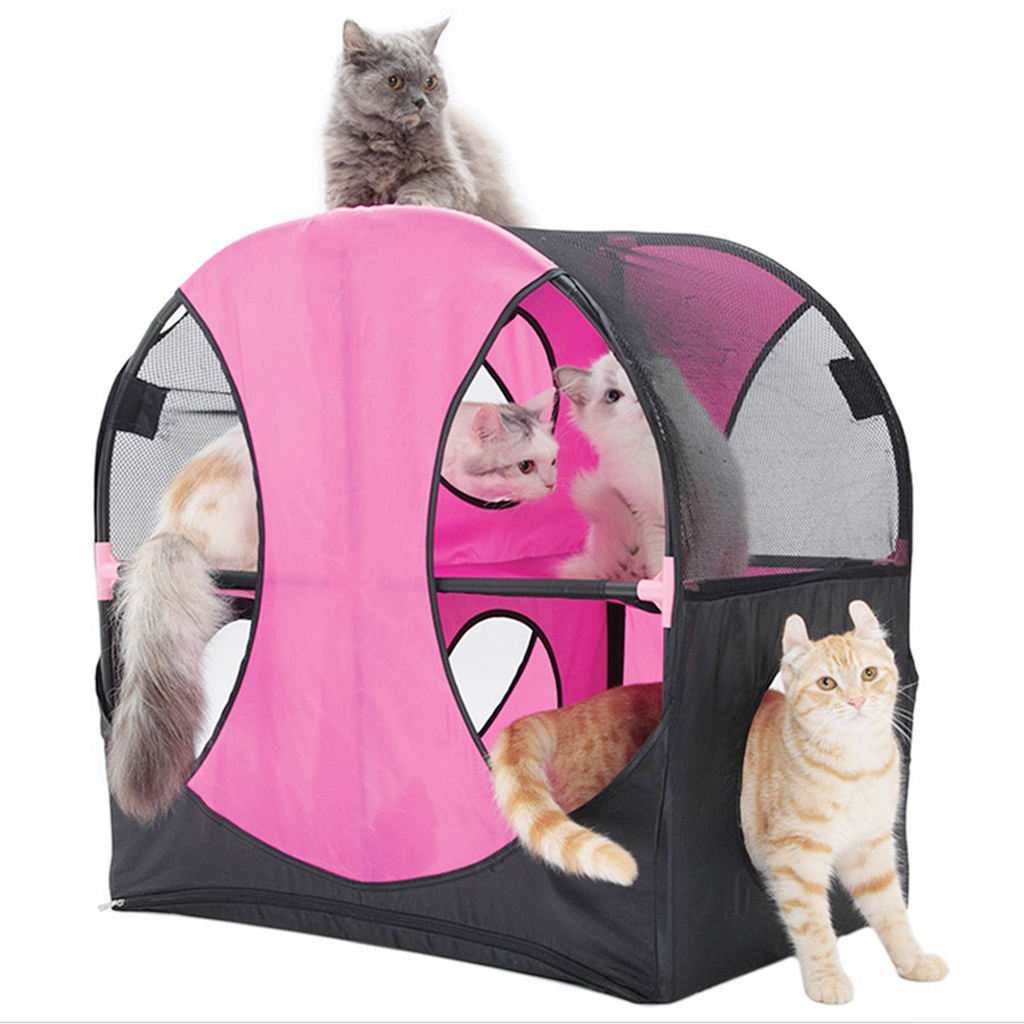 Two Storey Cat Climbing Tower Breathable Mesh House Kitten Fun Playing Toys Activity Centre Explore Tunnel