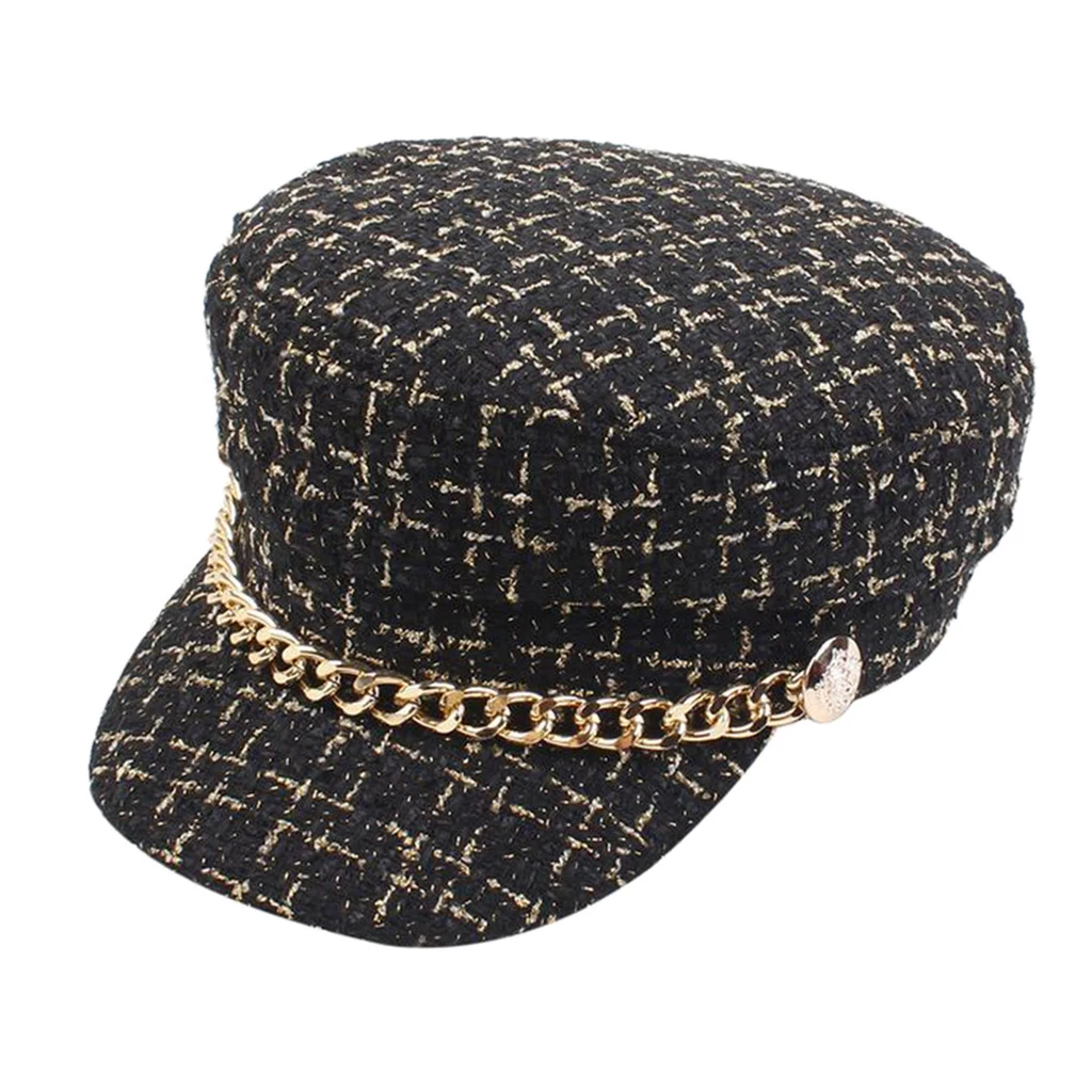 Women Plaid-Tweed Newsboy Hat Captain-Sailor Fisherman Hat Peaked-Beret Cap with Chain