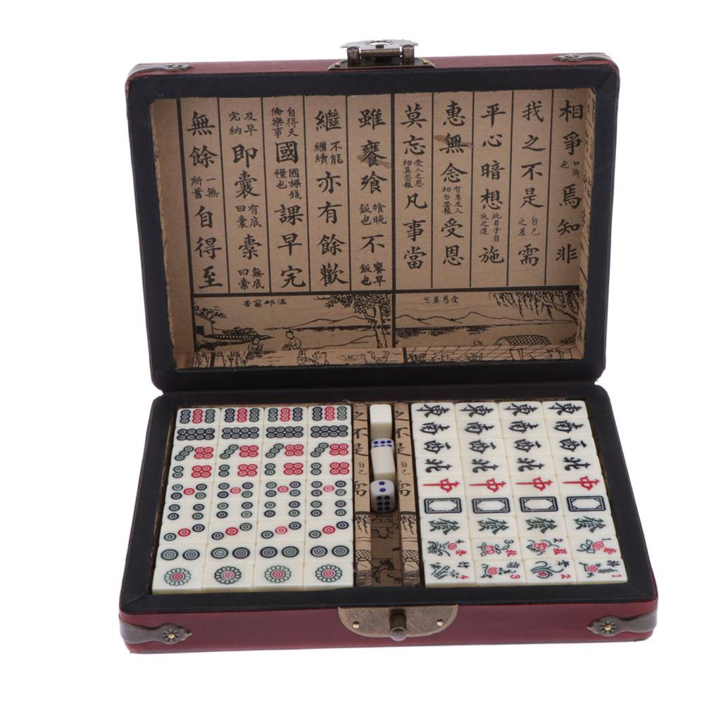 Mini Mahjong Traditional Chinese Version Game Set with Portable Wodoen Box Mah-Jongg Travel Family Leisure Time