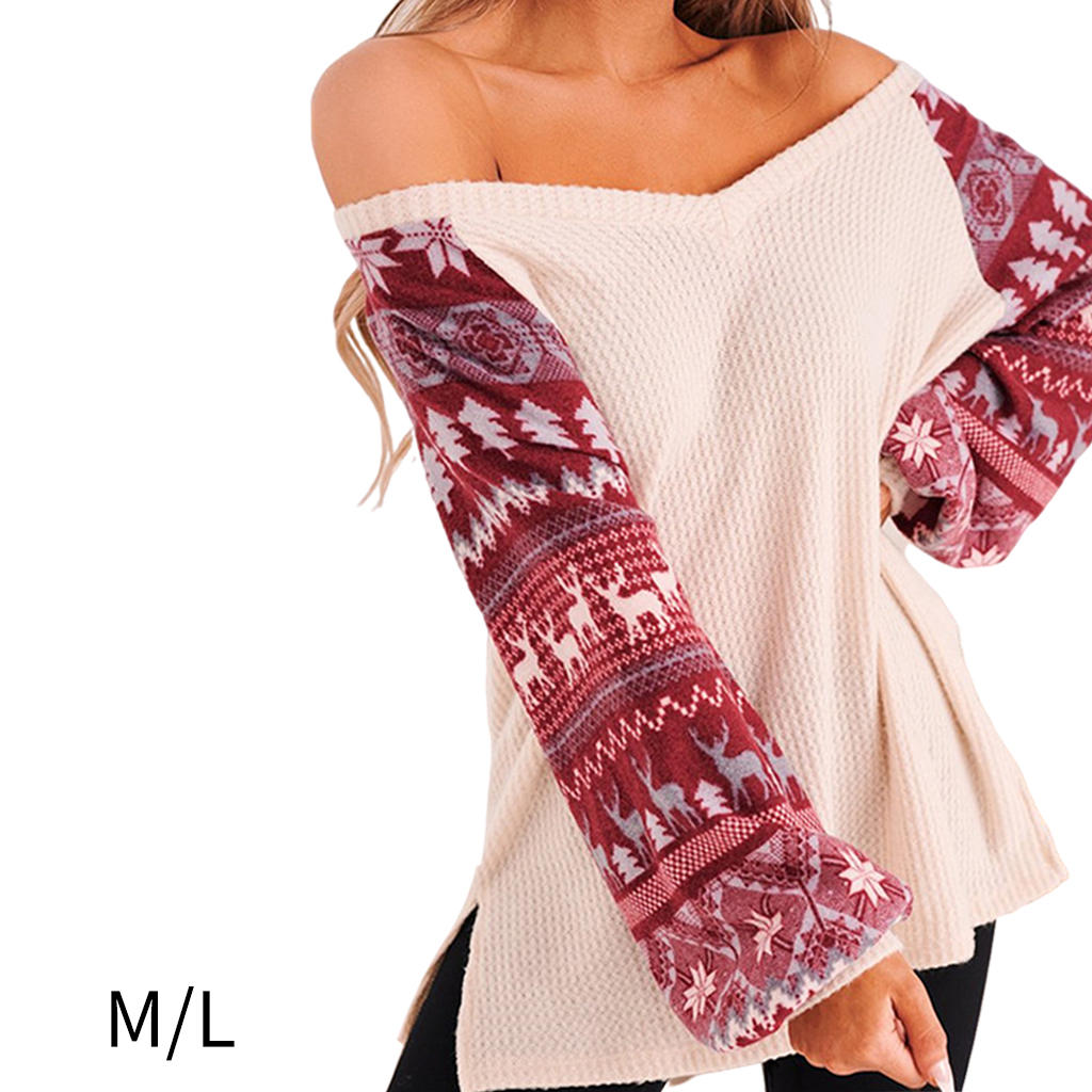 V -neck Christmas Women Sweater Pullover Sweatshirt Santa Clothes for Holiday Ladies