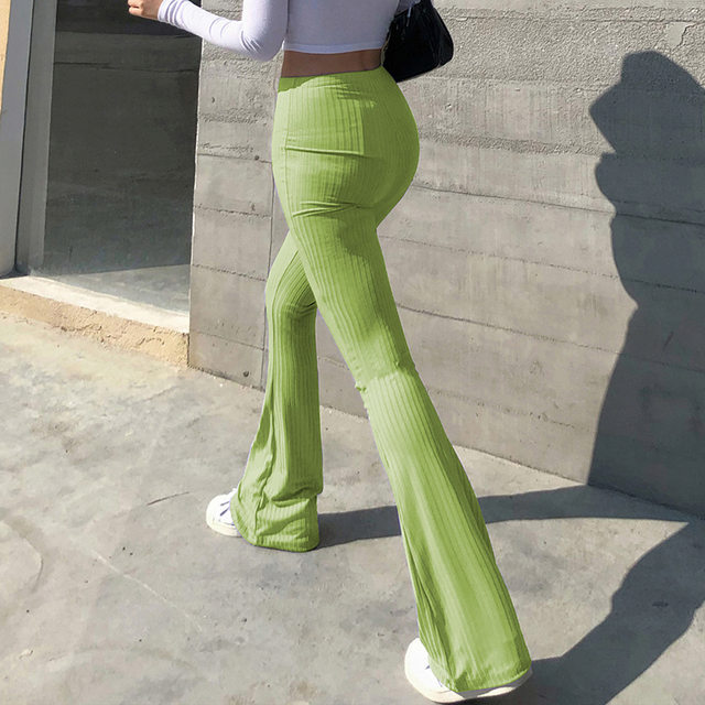 Pantalones acampanados acanalados sexys para mujer, pantalón largo de Color  sólido de cintura alta a la moda, Negro/verde/azul/Café, novedad de 2021 -  AliExpress