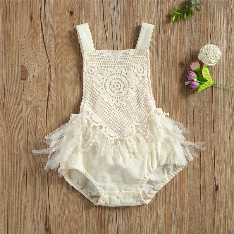 Baby Girl’s Fashion Suspender Jumpsuits Sweet Solid Color Lace Tassel Backless Lace-Up e Romper best Baby Bodysuits