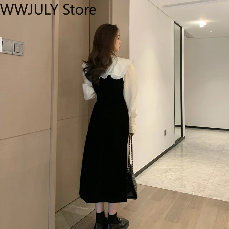 2021 Winter Vintage Midi Dress Women Casual Velvet One Piece Dress Korean Fashion Long Sleeve Elegant Kawaii Dress Evening Party plus size wedding dresses