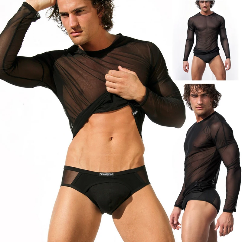 Hirigin Mens T Shirts Undershirt Gay clothing Nylon Mesh See Through Sheer Long Sleeves Tops Sexy transparent Thin Underwear