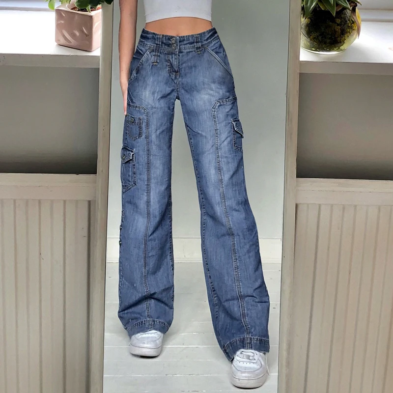 Calças cargo femininas, calça jeans vintage de