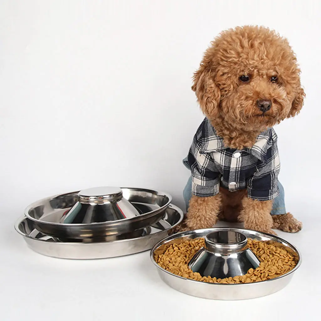 Practical Dog Cat Slow Bowls Stainless Steel Water and Food Feeder Silver Dish for Small Large Pets Puppy