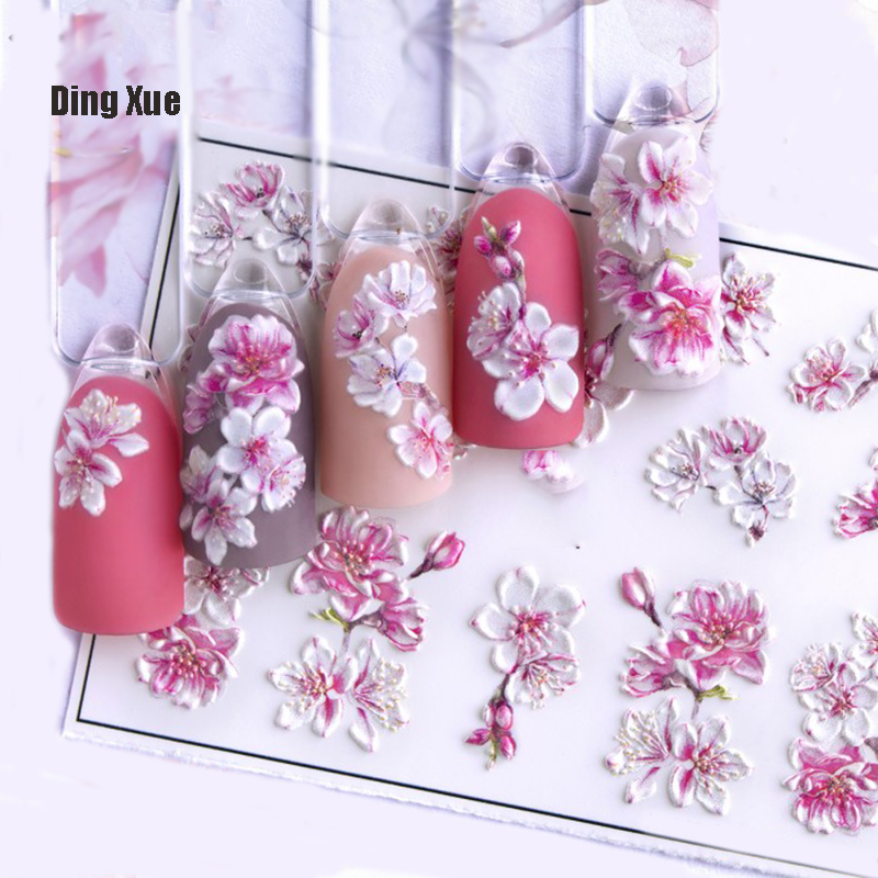 Best of 1pc 3D Acrylic Engraved Nail Sticker Embossed White&Pink Color Flower Water Decals Empaistic Nail Water Slide Decals Z0342 Reviews & Tips