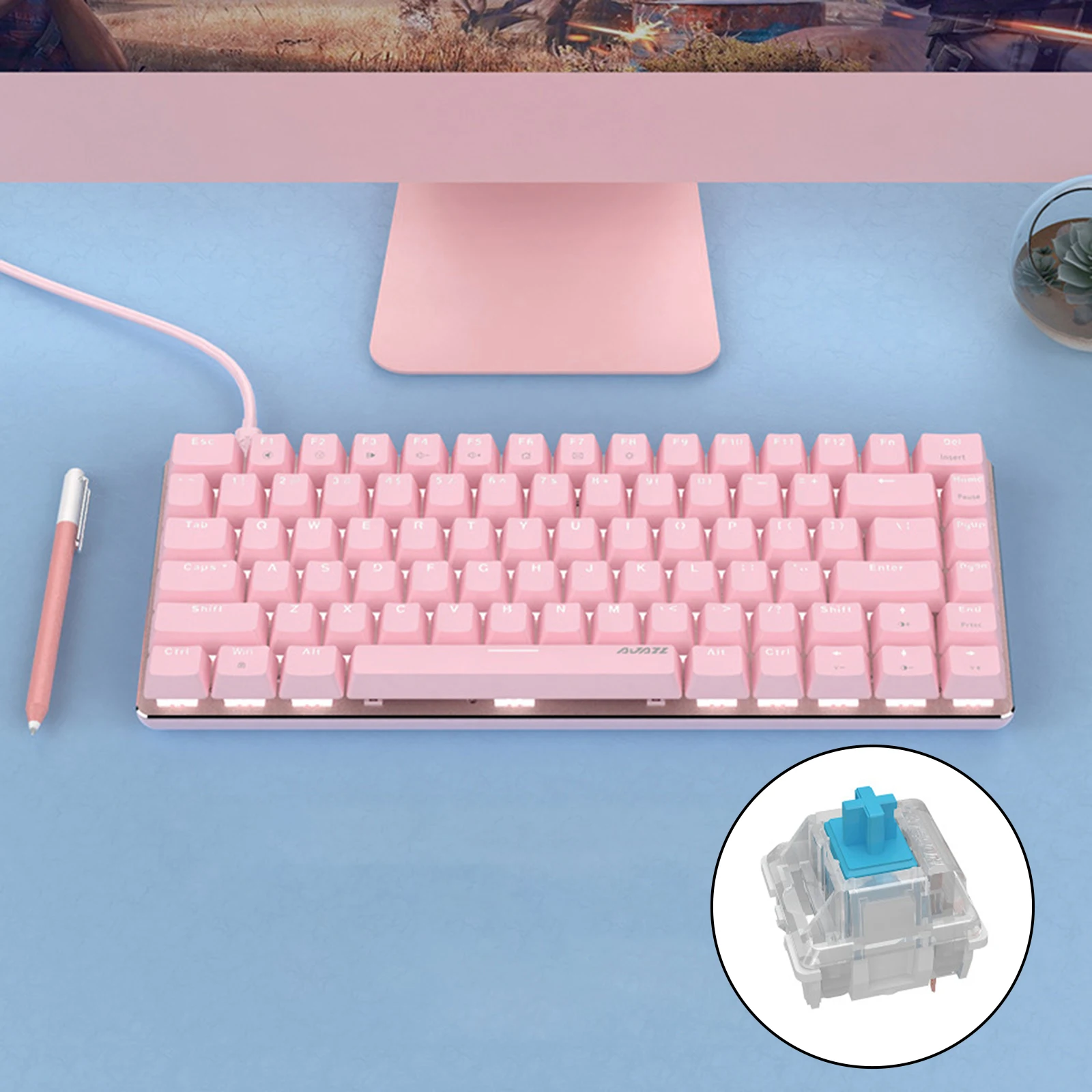 AK33 Mini Pink Switches Wired Keyboard 82 Keys Mini Compact for Games Work Portable
