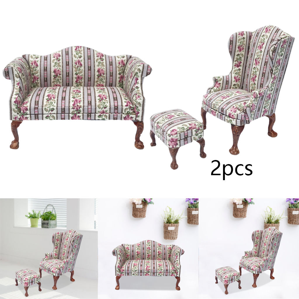 5 Dollhouse Sofa 1/12 Scale Furnish Floral Pattern Wooden Armchair Low Stool
