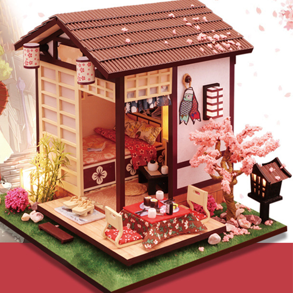 DIY Dollhouse with Realistic Furniture LED Light Battery Case Wooden Japanese Cottage Toys for Kids Adults Birthday