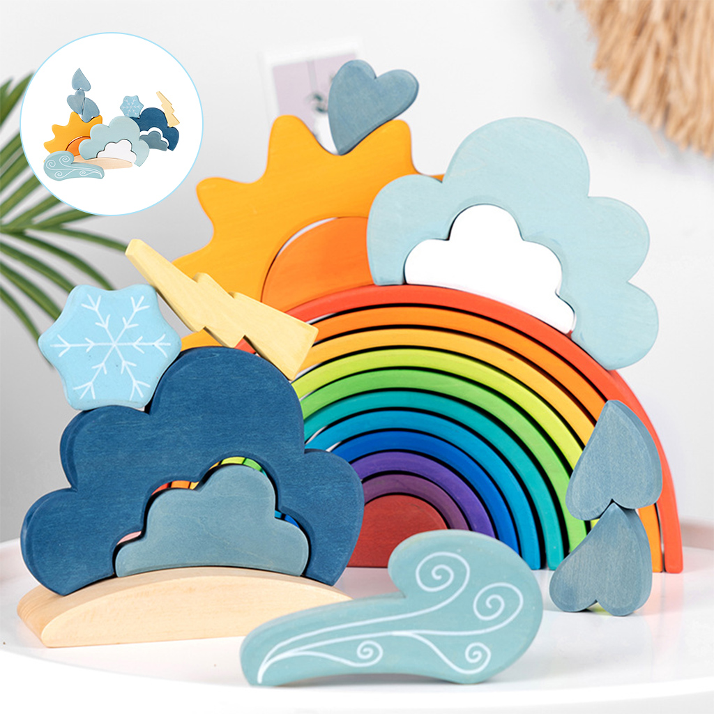 13Pcs Painted Wood Block Nordic Weather Cloud Snow Sun Blocks Stacking Stacker Development Motor Skills Toy Play Gift