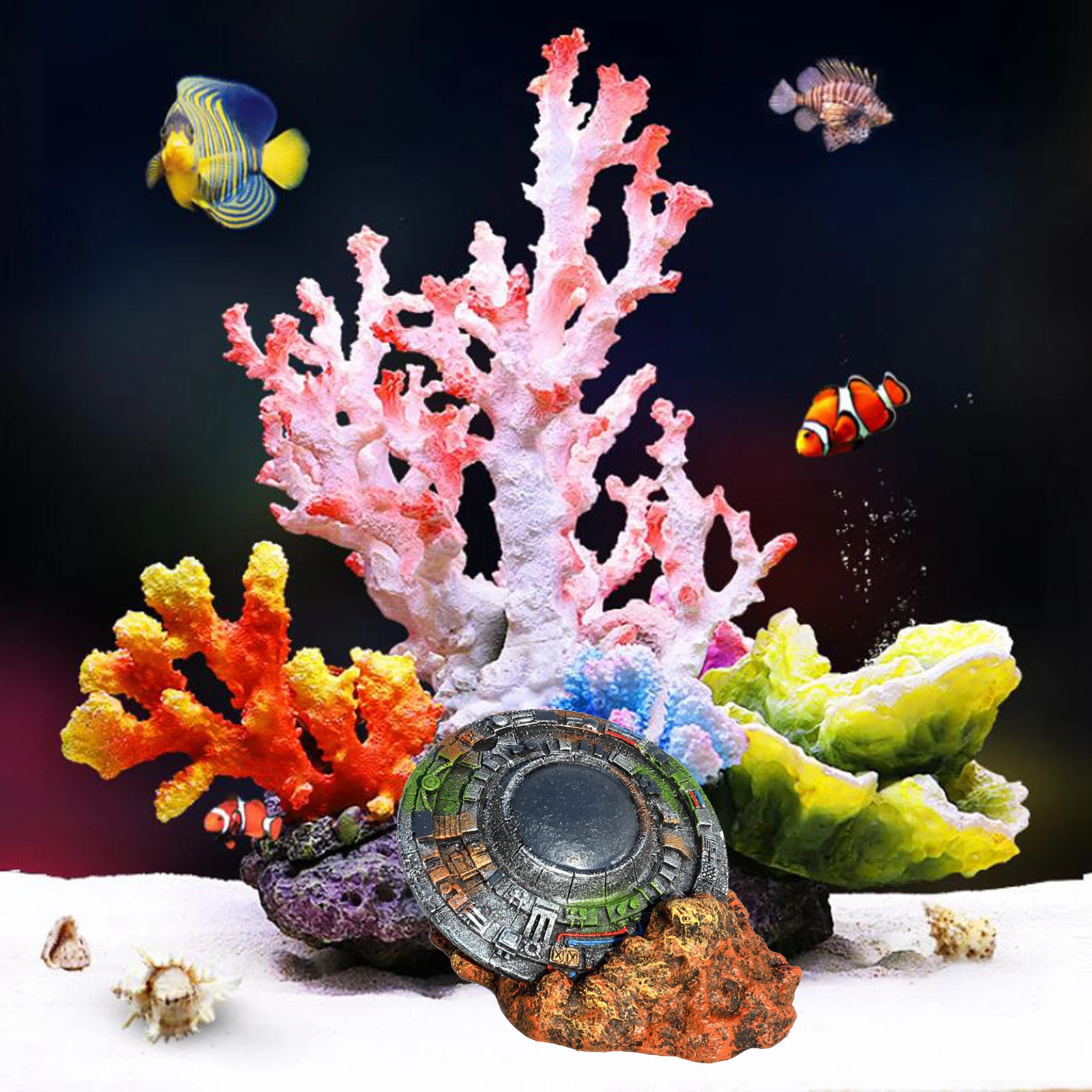 1pc Aquarium Ornament UFO Statue Landscaping Fish Tank Decoration Barrel Shelter Background Crafts Accessories